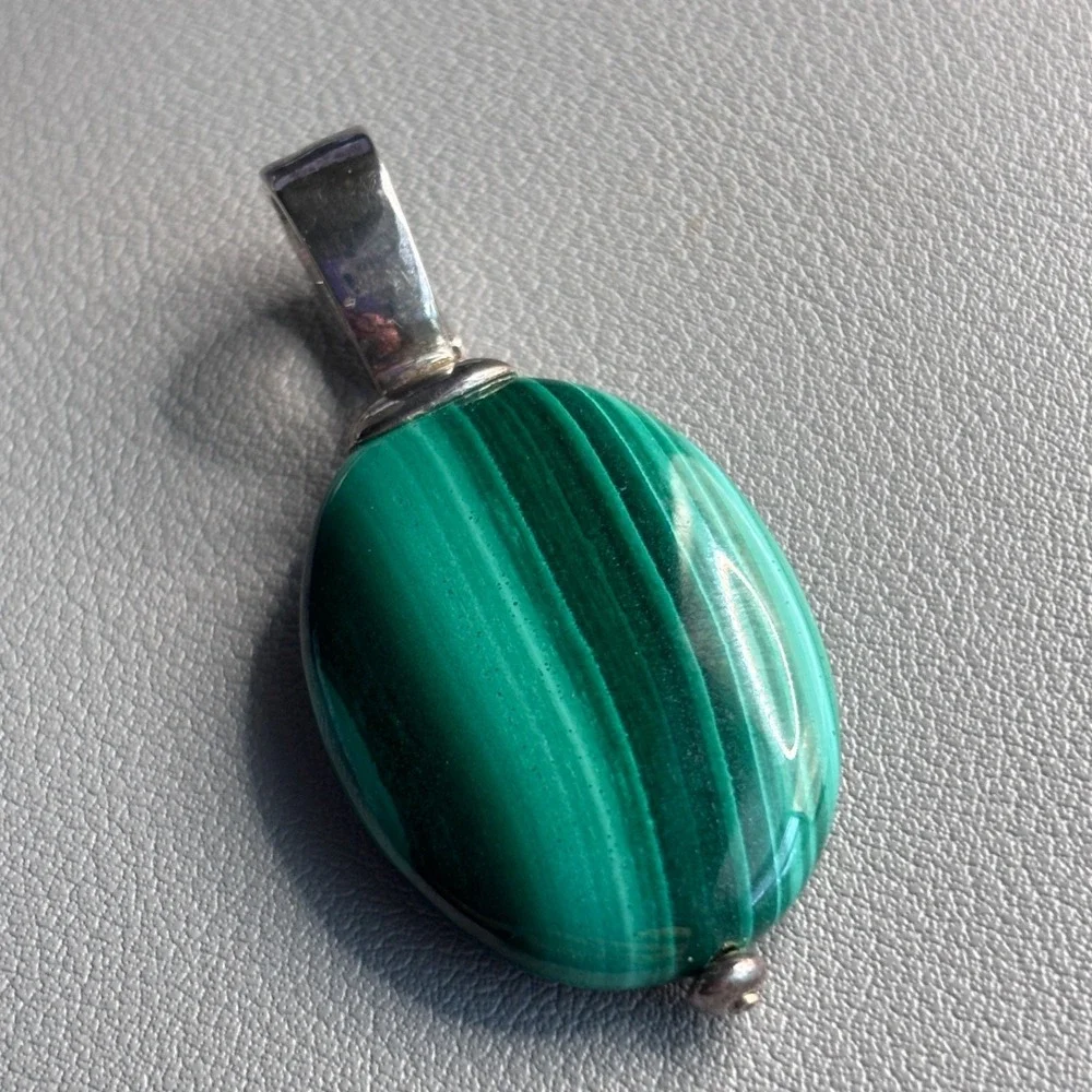 Vintage Malachite Sterling Oval Pendant Green 925 Silver 1.75